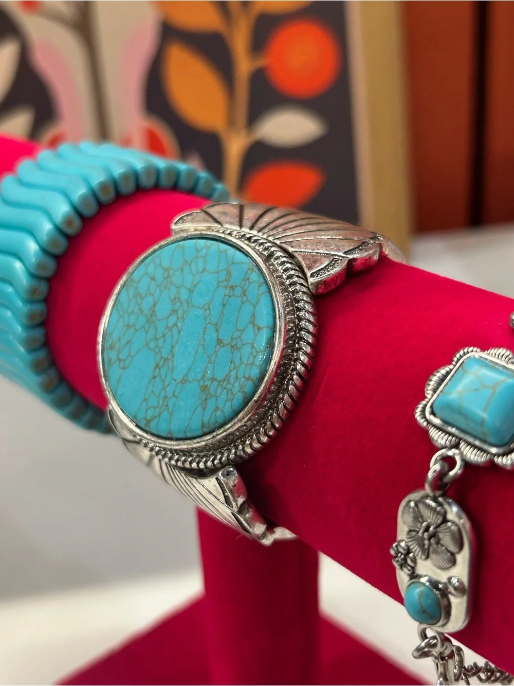 Set of 3 Southwestern bracelets silver tone with Howlite